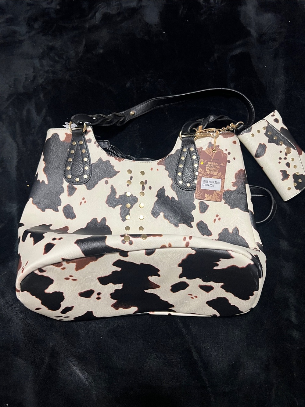 Cowhide-Print Tote with Stud and Braided Handles - Black & Cream